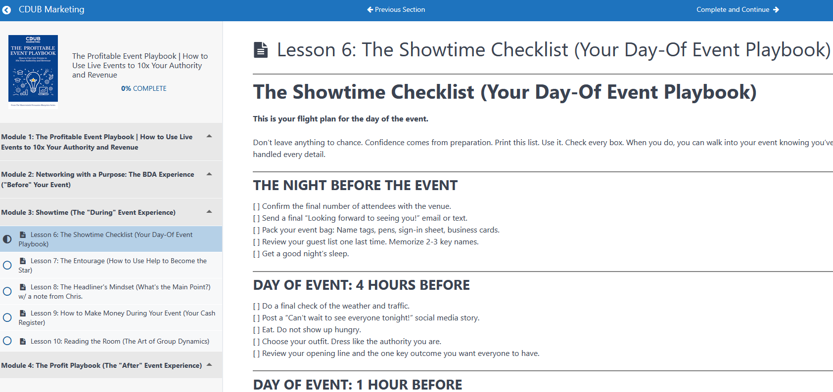 Event Marketing lesson preview with a practical day-of-event checklist