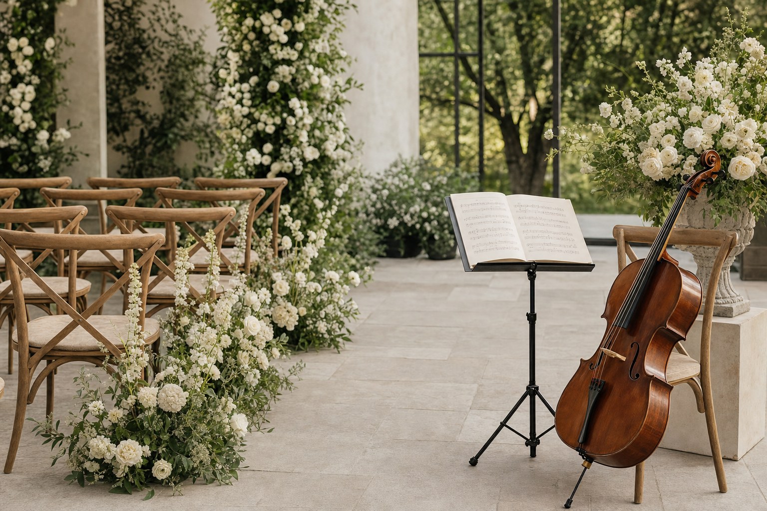 A cello and music stand waiting in an elegant ceremony space before guests arrive.