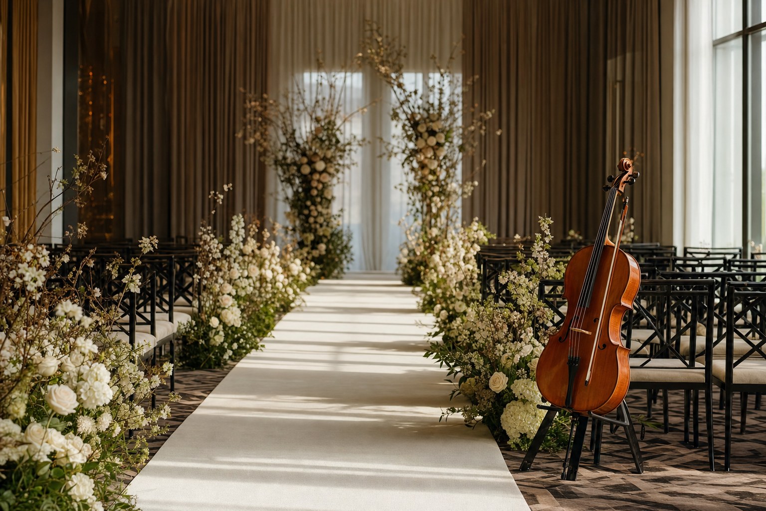 A flower-lined wedding ceremony aisle with a cello positioned beside the front row.