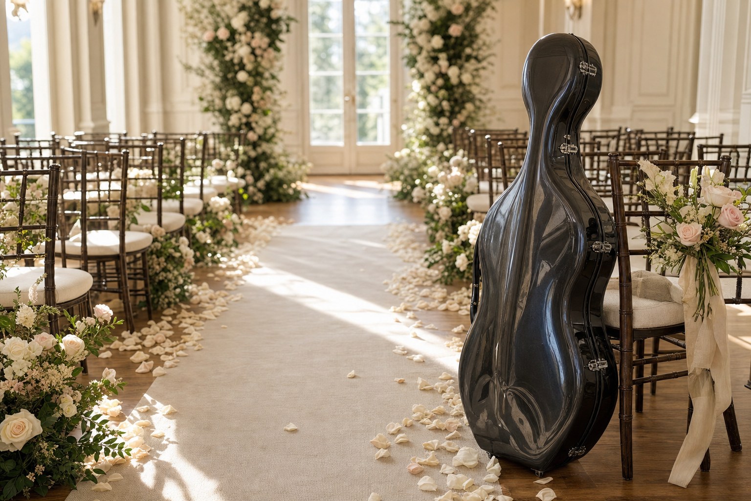 A petal-lined ceremony aisle after the vows, with a cello case beside an elegant chair.