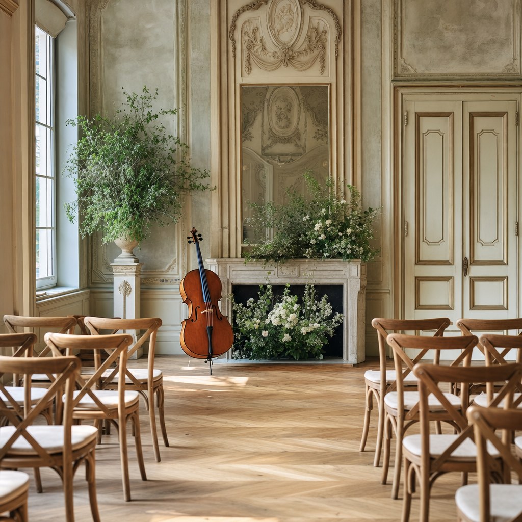 An elegant ceremony room prepared with seating, florals, and a cello before guests arrive.