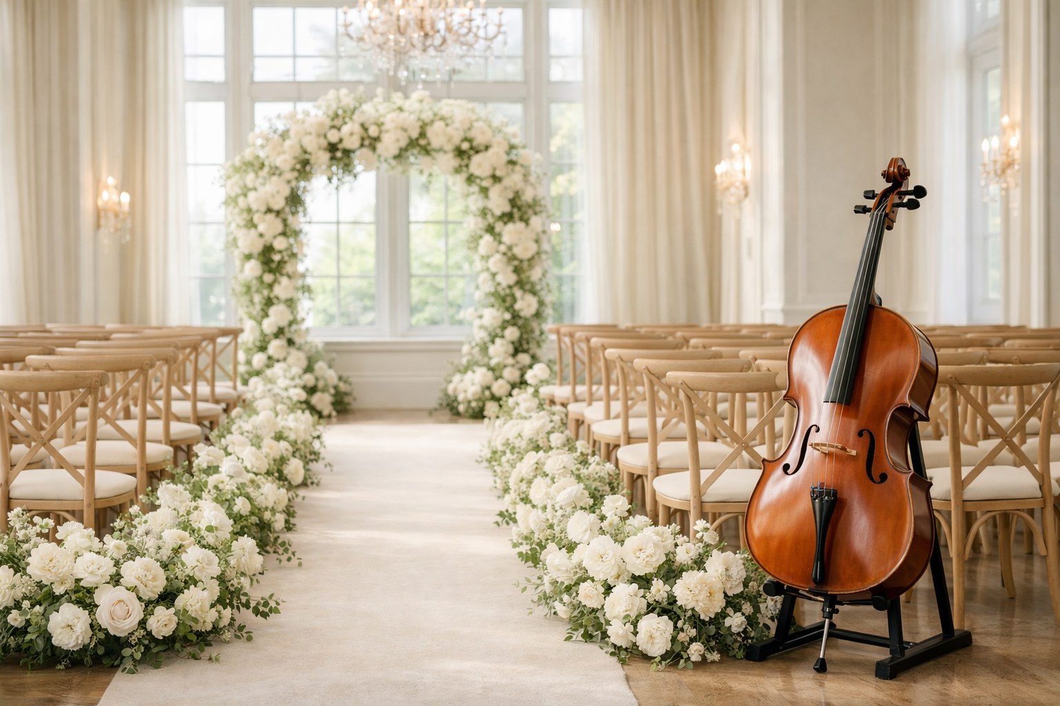 An elegant ceremony room prepared with a cello beside a flower-lined aisle.