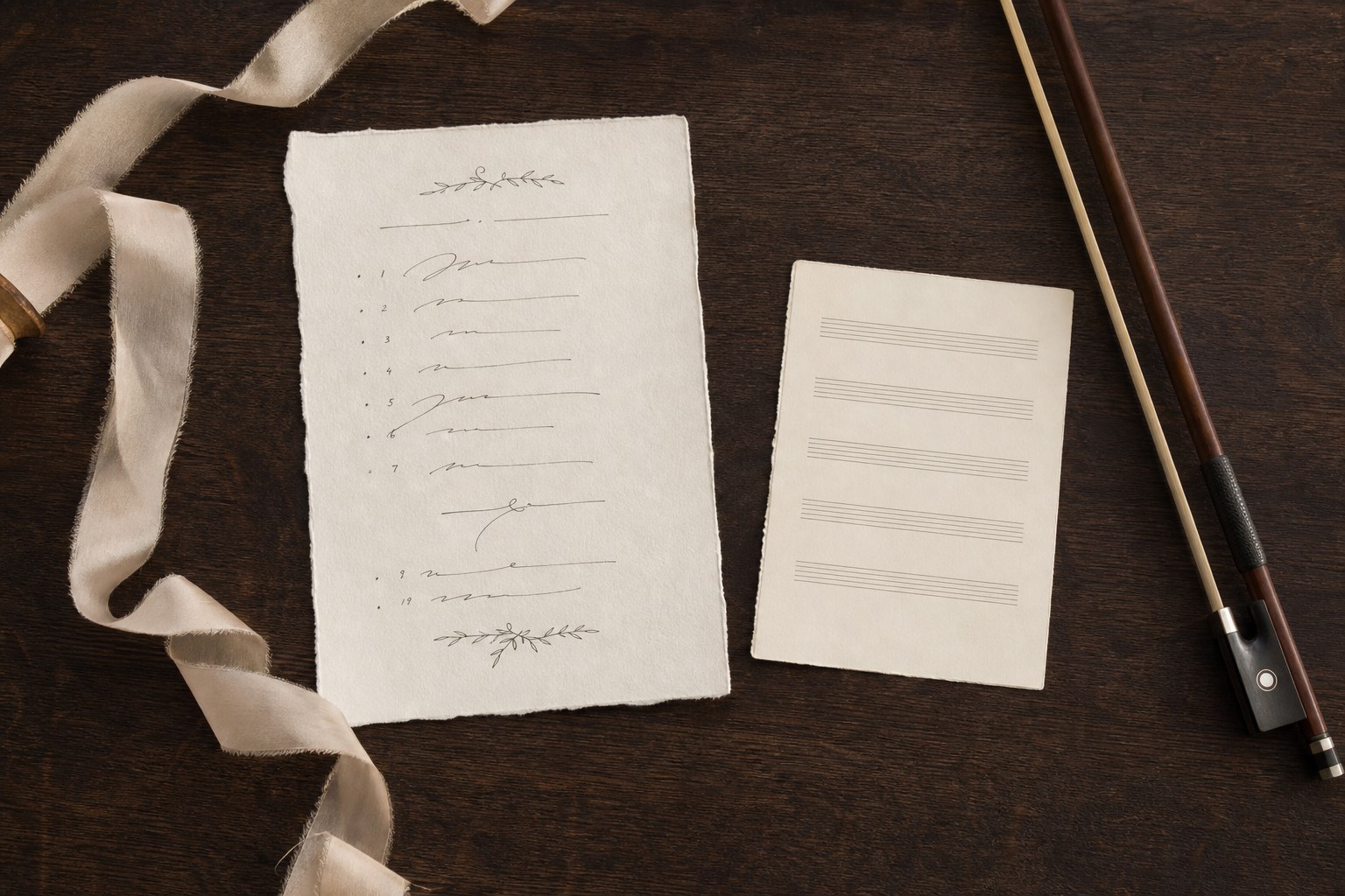 A ceremony order and blank music card arranged beside a cello bow on a dark wood table.