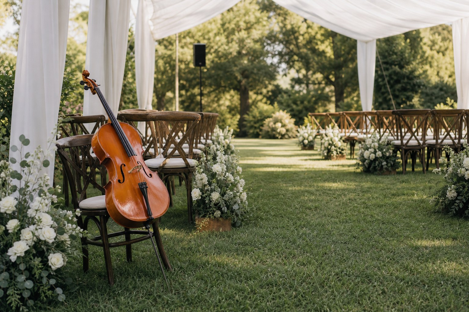 A cello prepared beside chairs and white florals for an outdoor wedding ceremony.