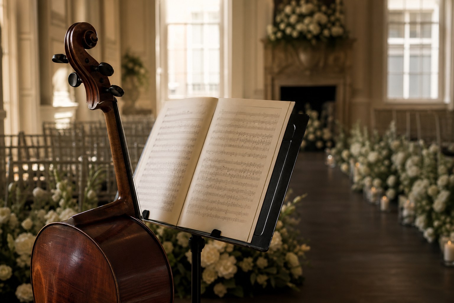 A cello and open sheet music on a stand beside a flower-lined ceremony aisle.