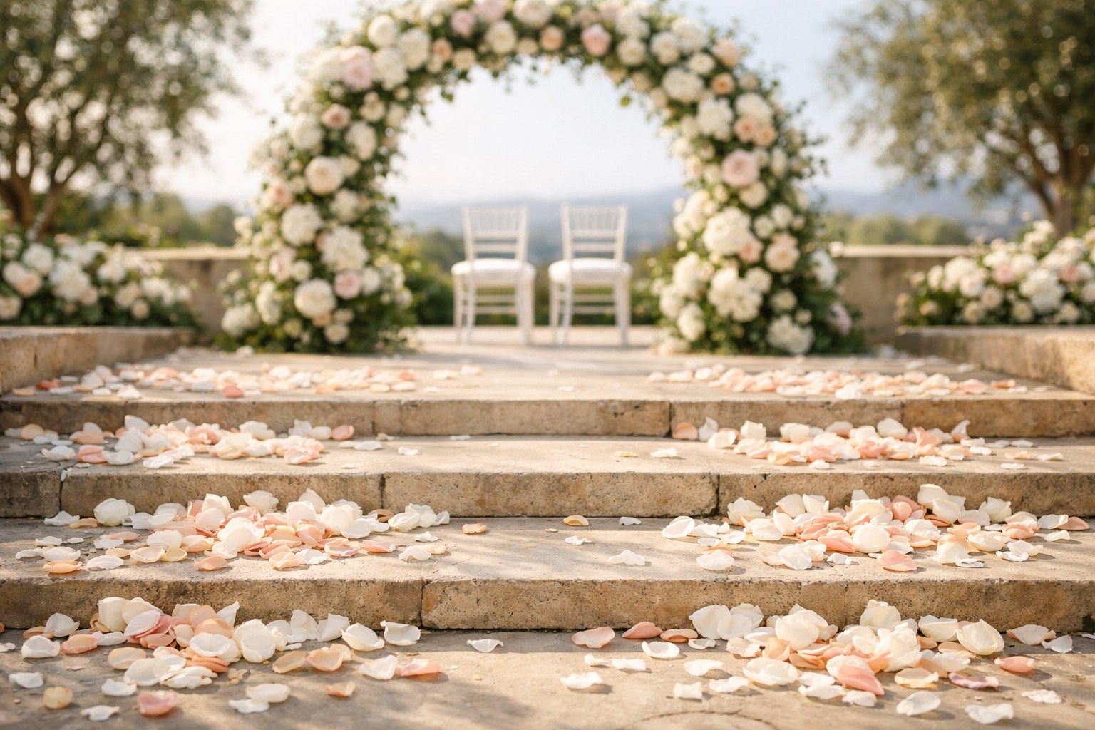 Flower petals scattered along the steps of an elegant wedding ceremony setting.