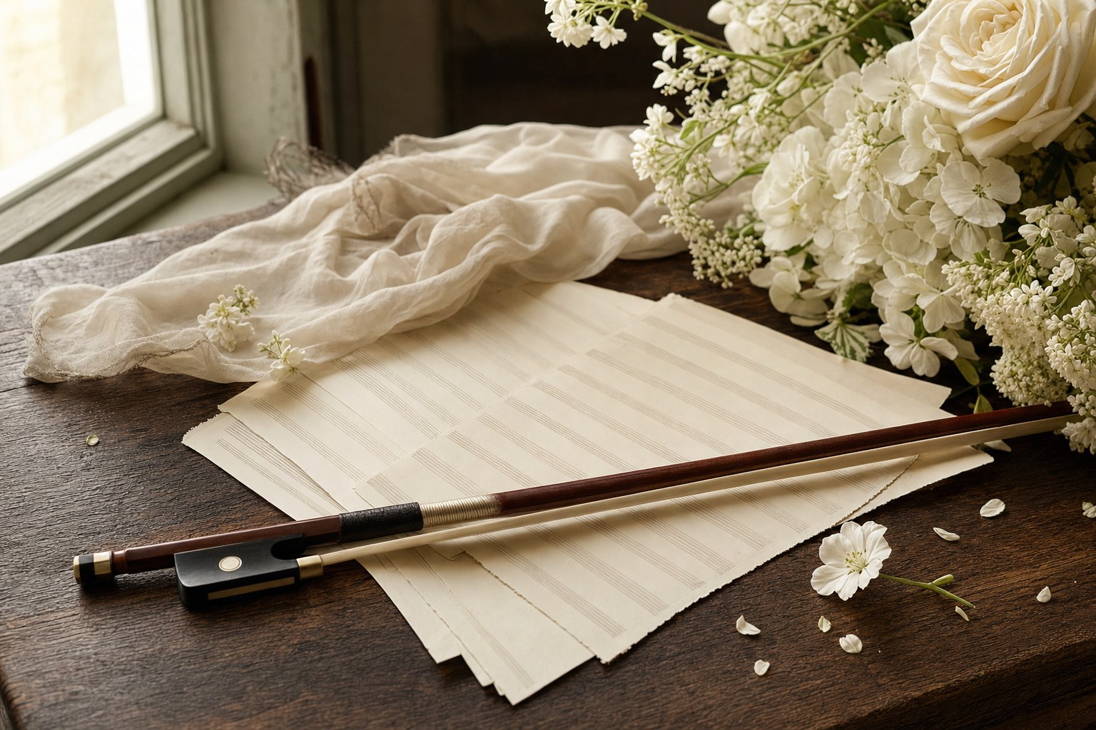 A cello beside an ivory ceremony program and white flowers.