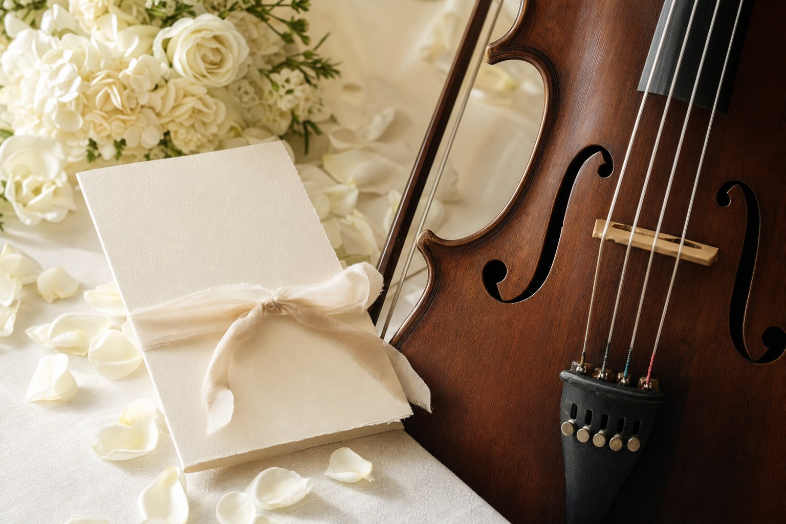 A cello bow resting across ivory music paper and white flowers on a wood table.