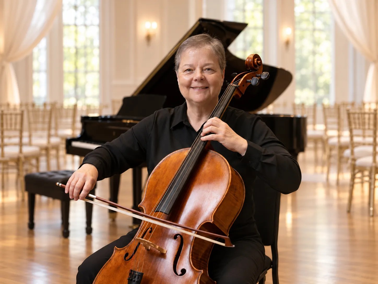 Suzana Bright holding her cello at a wedding venue