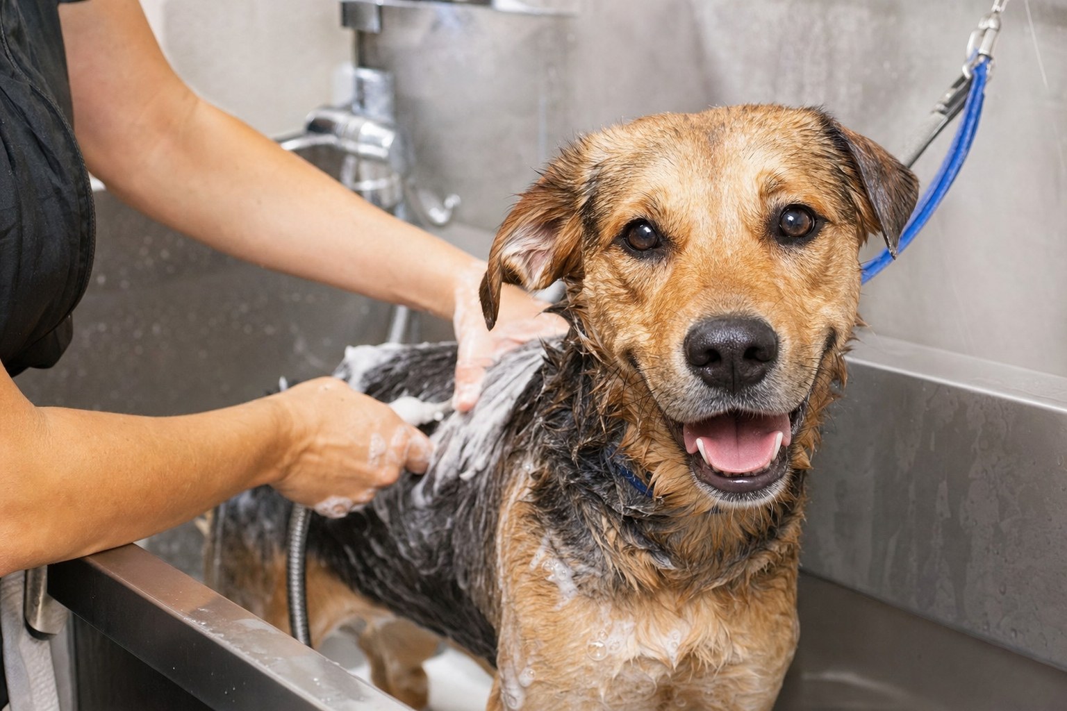 Happy dog receiving a gentle bath in a grooming tub