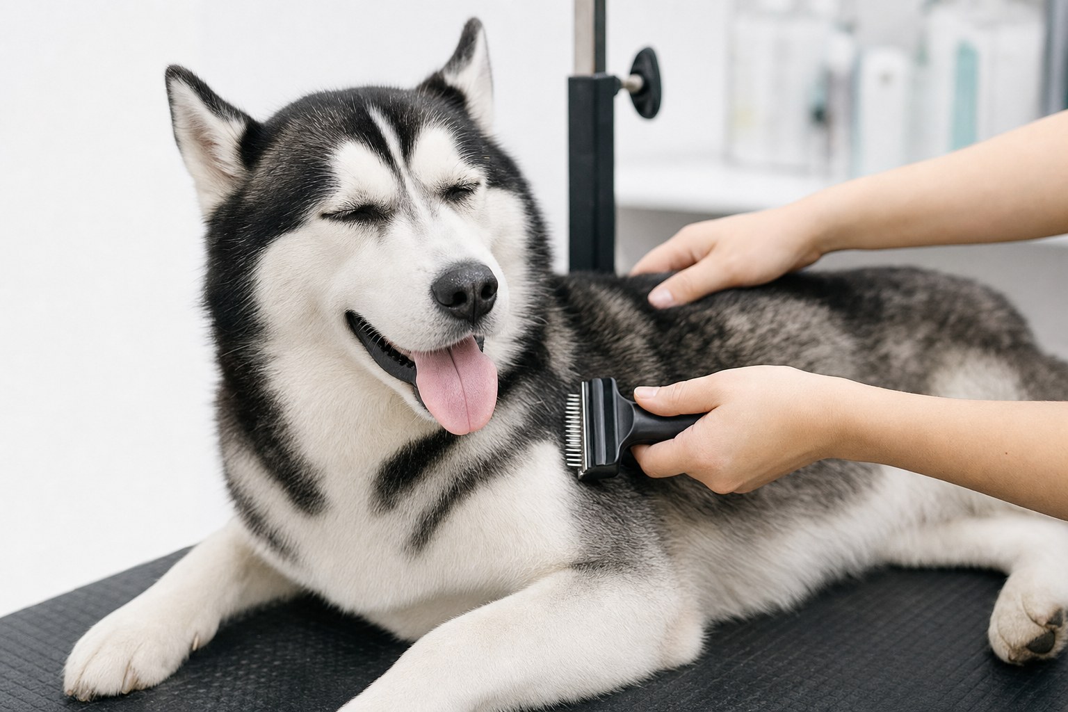 Husky receiving gentle de-shedding care