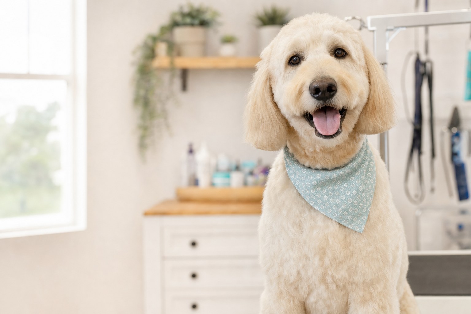 Freshly groomed cream dog wearing a light blue bandana