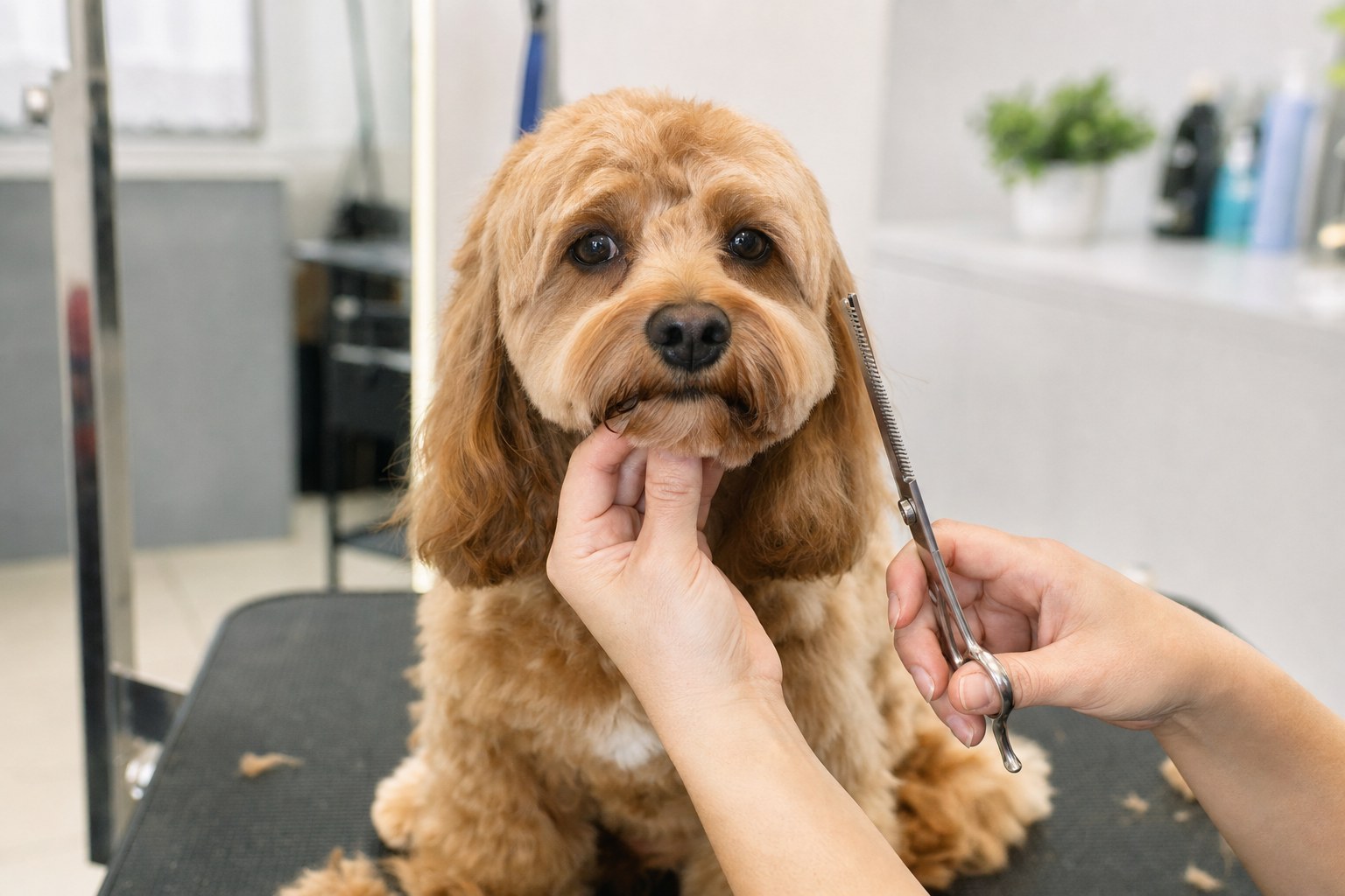 Cockapoo receiving a careful grooming trim