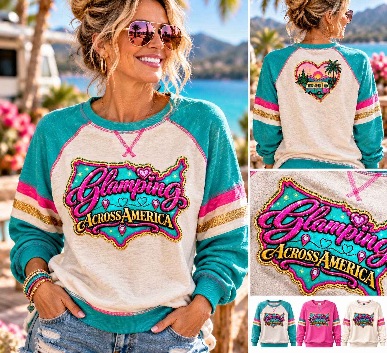 Woman wearing a Glamping Across America sweatshirt