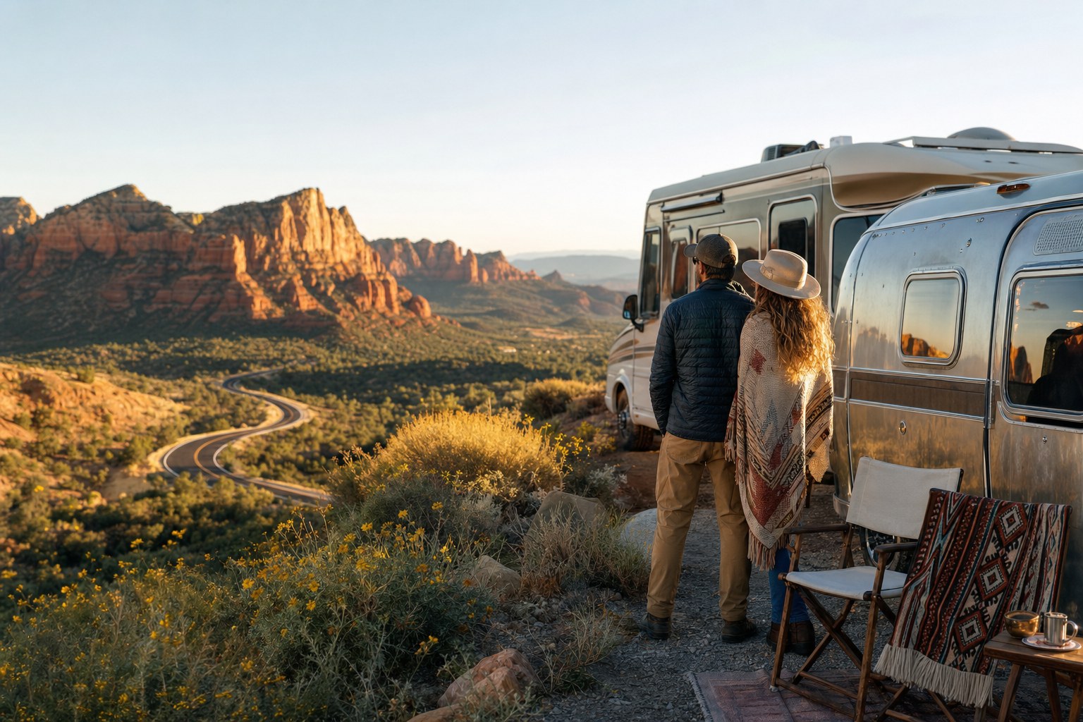 Travelers beside an RV at a desert overlook