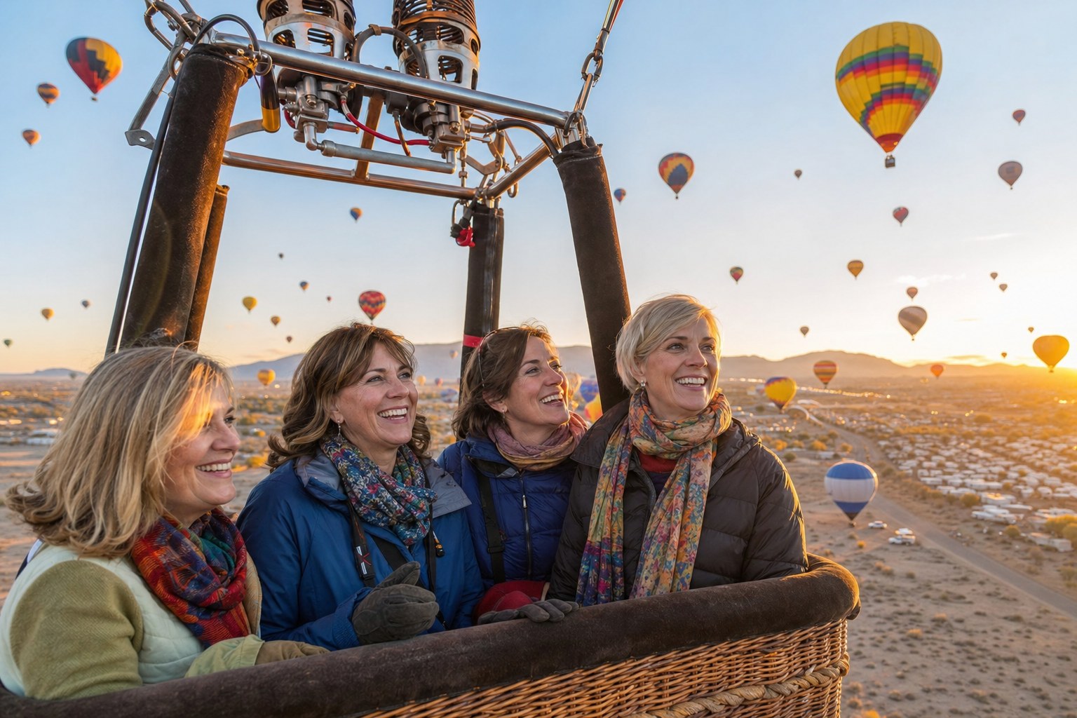 Women friends floating over New Mexico in a hot air balloon during a balloon festival