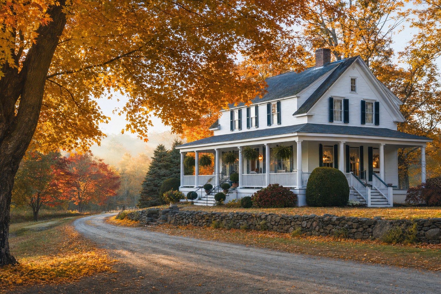 A historic bed and breakfast surrounded by fall foliage