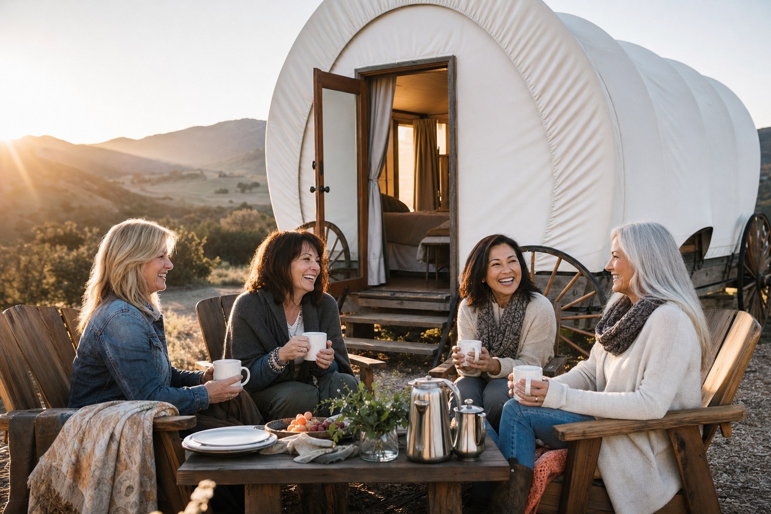 Women enjoying coffee outside a conestoga tent