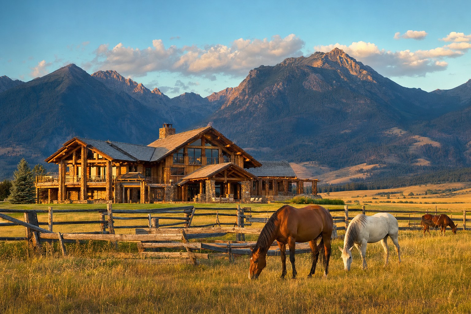 A Montana dude ranch lodge with horses and mountains
