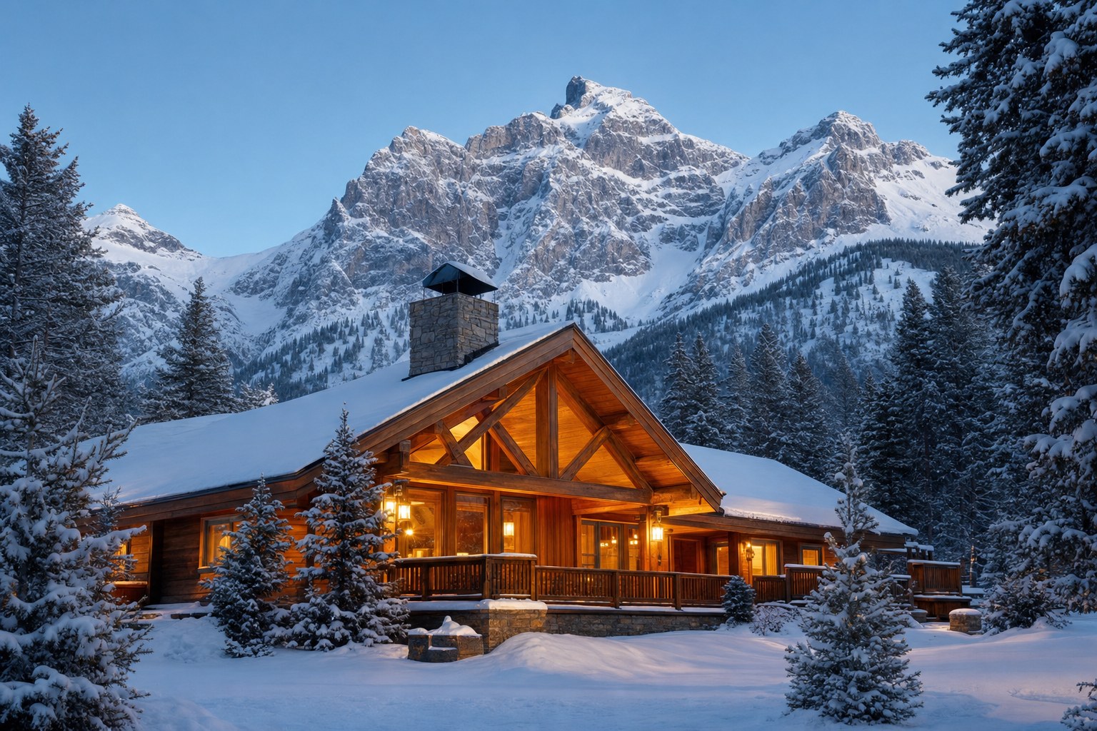 A warm log cabin beneath snowcapped mountains