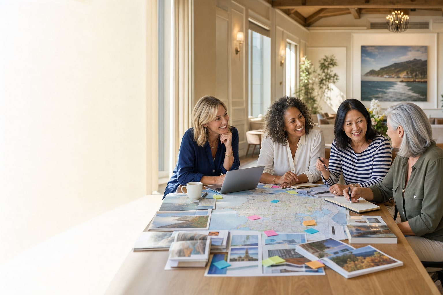 Four women collaborating over a map, travel brochures and a laptop while planning upcoming getaways