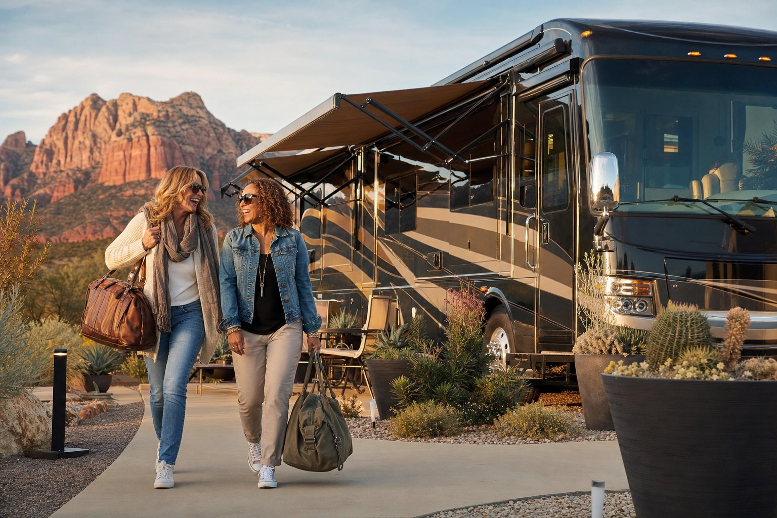 Women beside a luxury motorcoach at a desert campsite