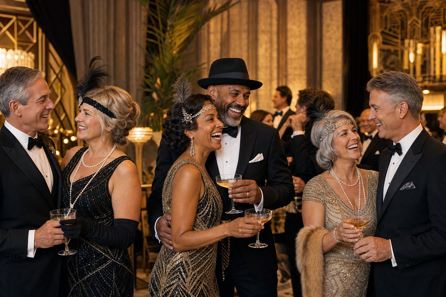 Men and women couples celebrating in Roaring Twenties attire at a resort clubhouse party