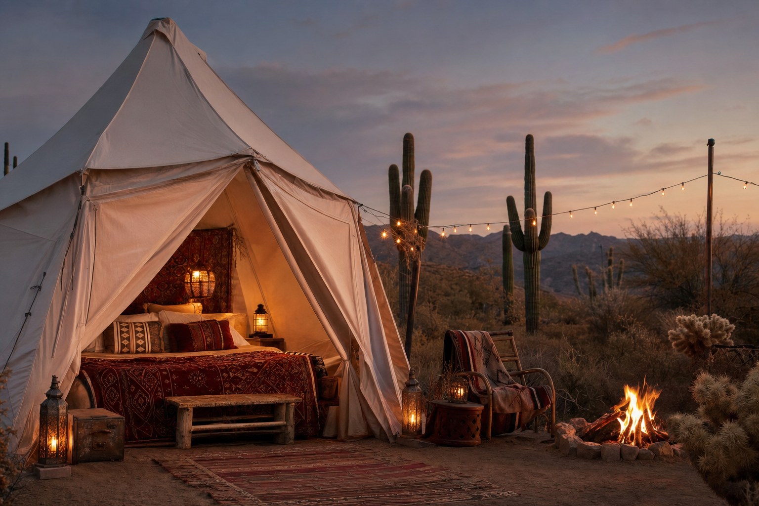 Luxury canvas tent glowing at a desert campsite