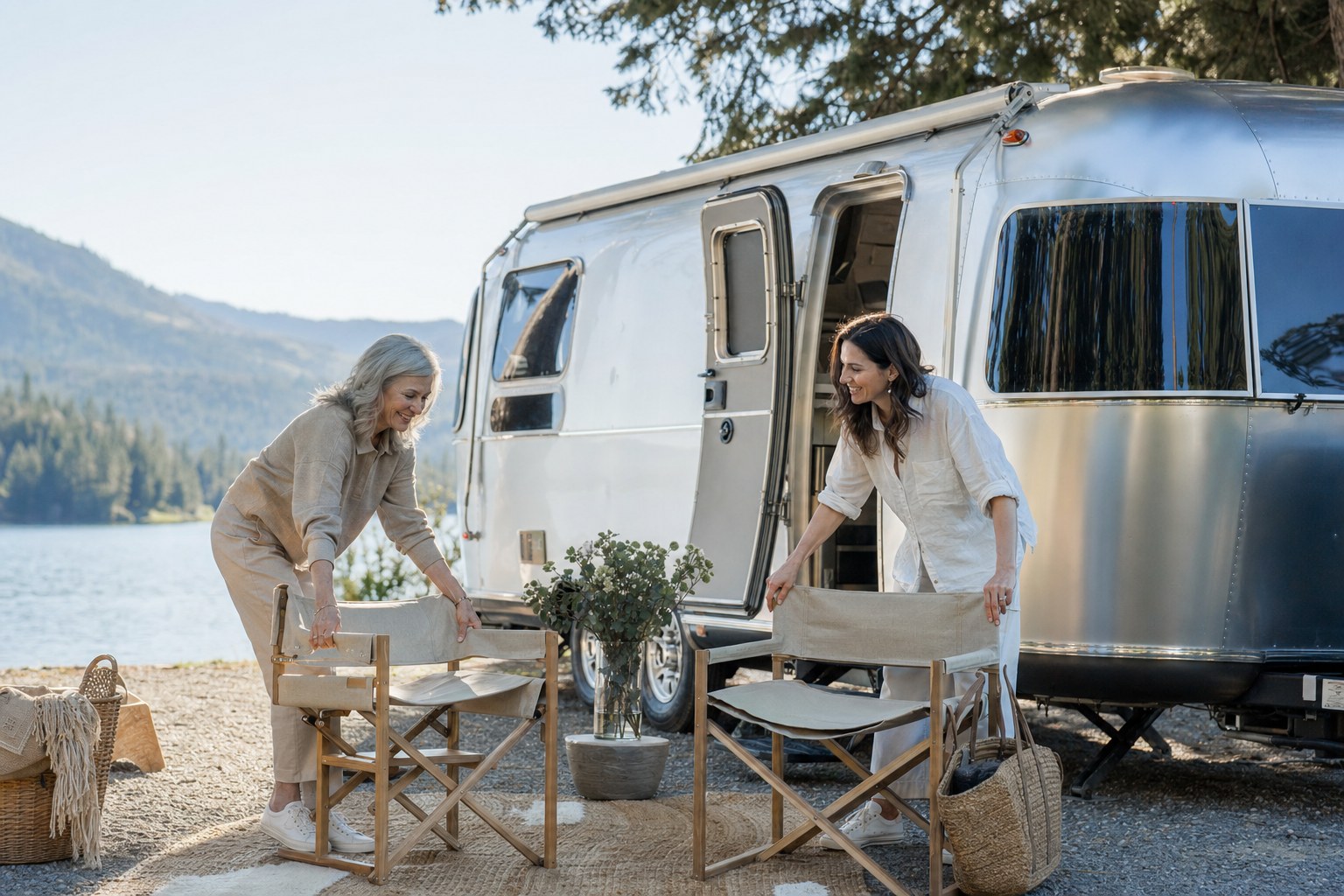 Mother and daughter outside a travel trailer