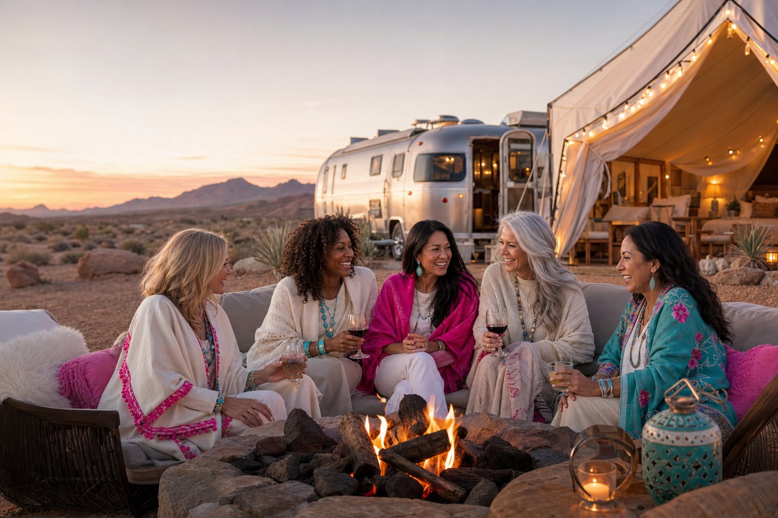 Five women friends of different ages laughing around a campfire at a luxury desert glamping retreat
