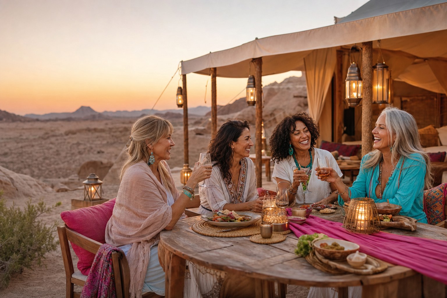 Women friends sharing dinner at an outdoor glamping camp