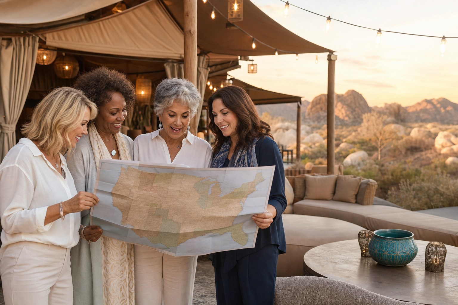 Four women planning their next travel adventure around a map of the United States