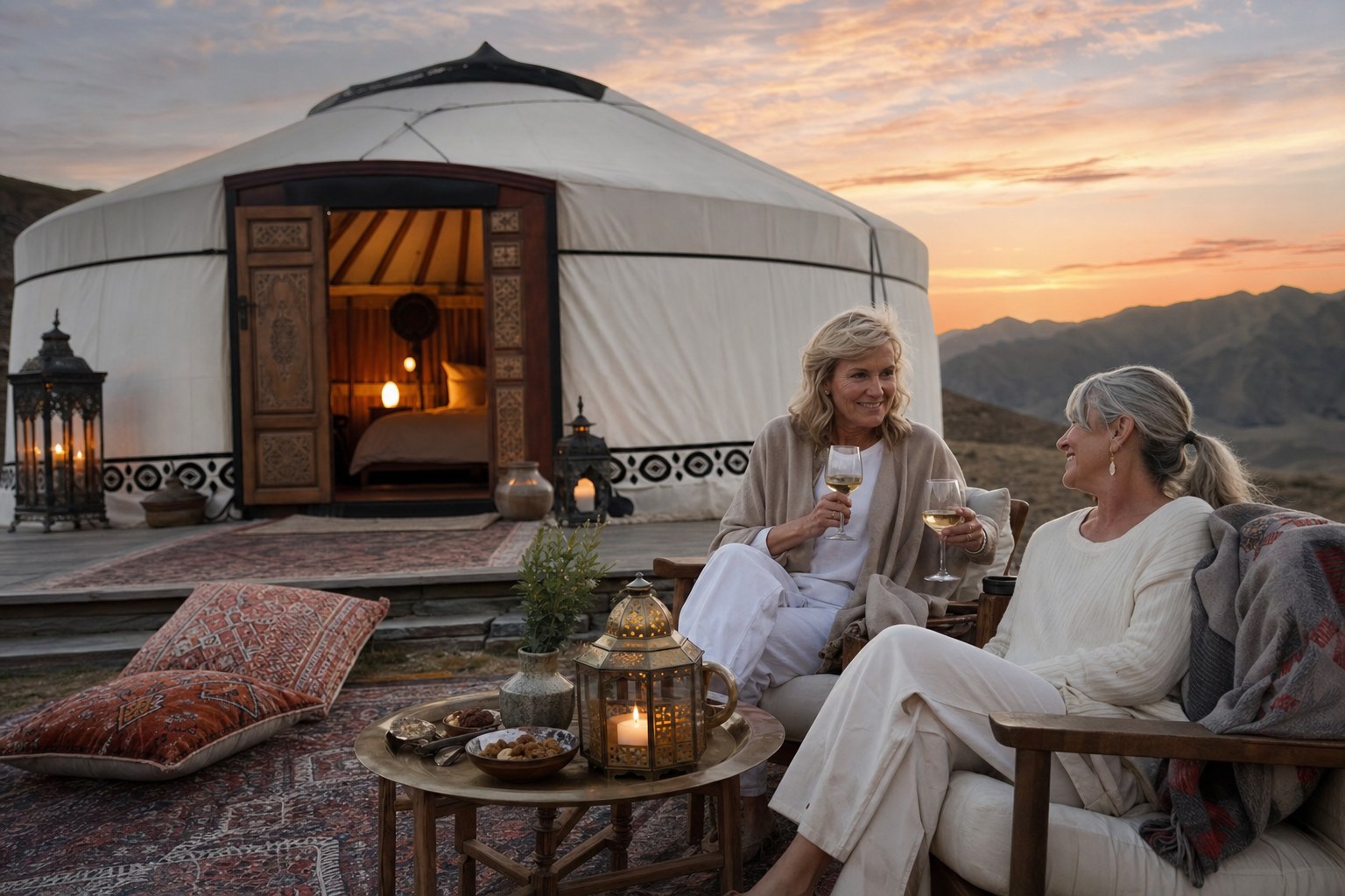 Women relaxing by a luxury yurt