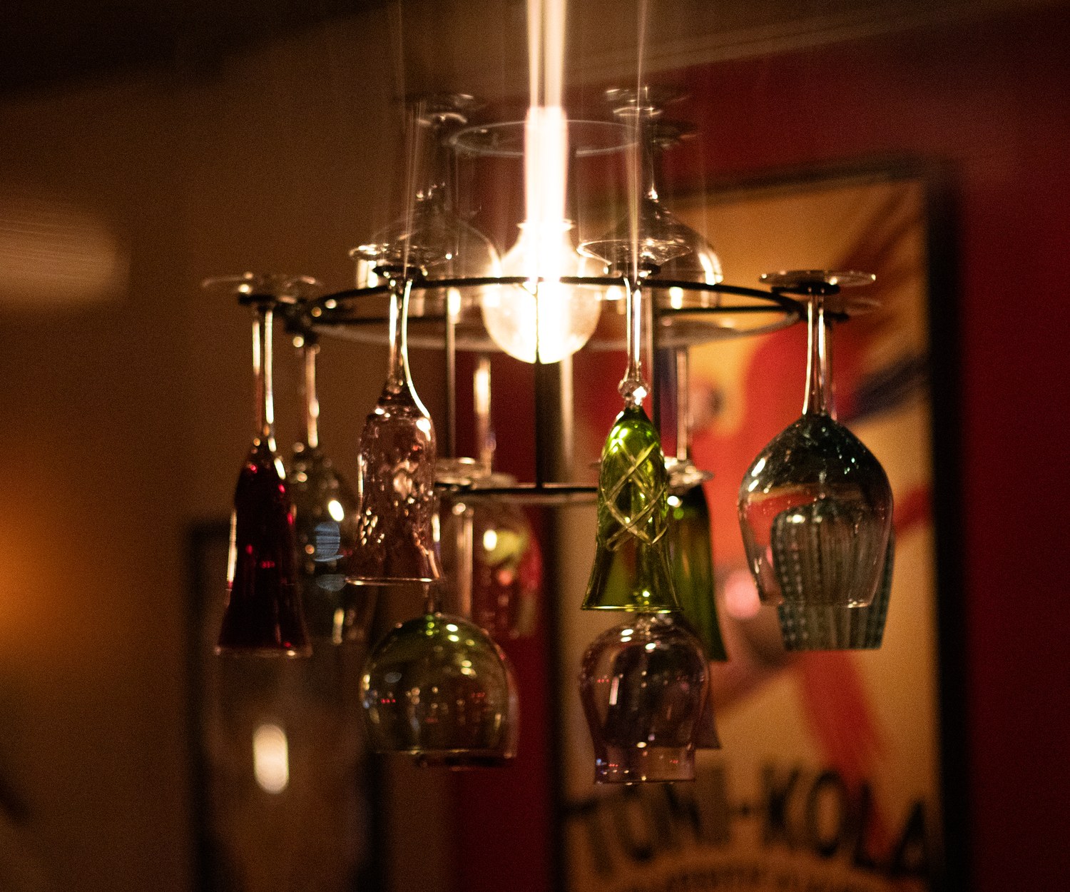 Hanging glassware inside Vinos on Las Olas