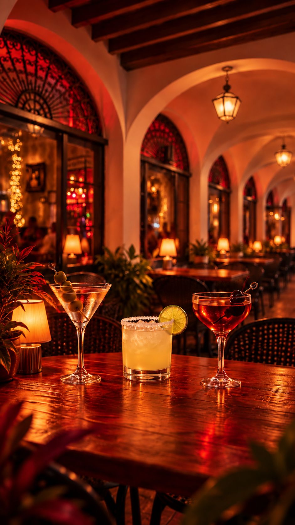 Three cocktails on a patio table at Vinos on Las Olas