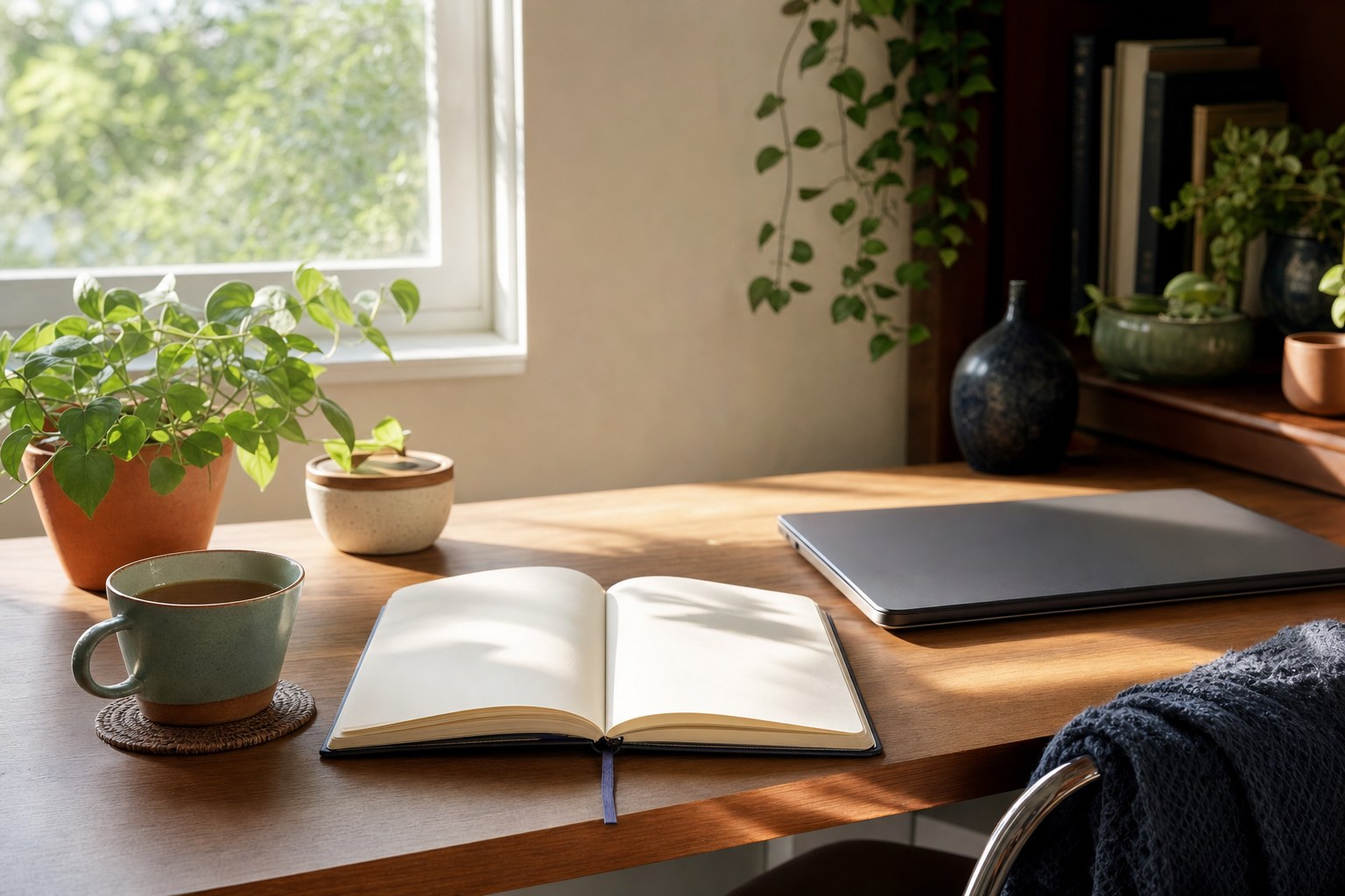 Sunlit desk with a blank notebook, ceramic cup, plant, and closed laptop