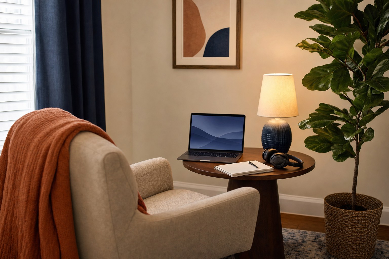 Quiet telehealth corner with a comfortable chair, lamp, headphones, blank notebook, and laptop