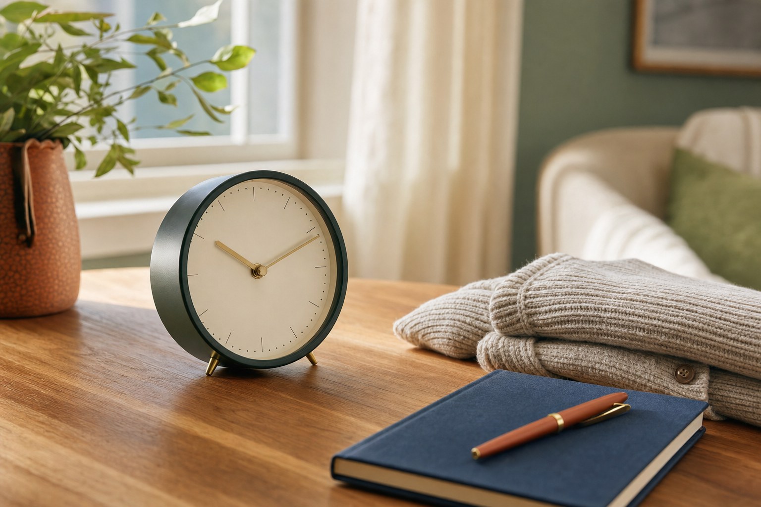 Analog clock beside a folded cardigan and closed notebook on a warm table