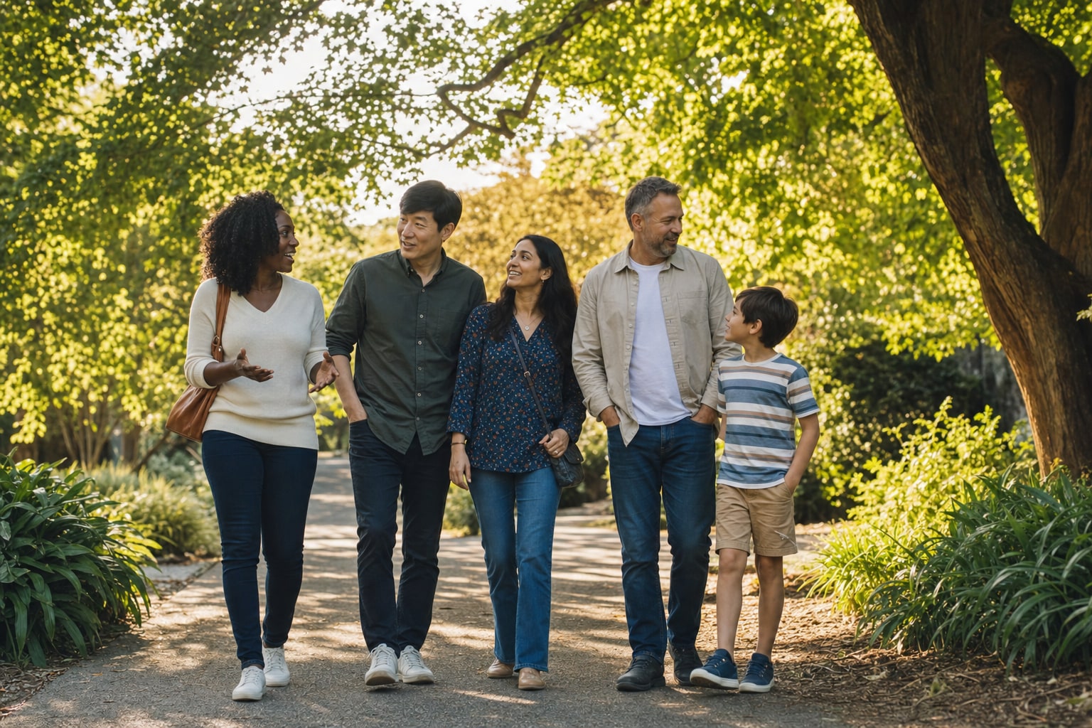 A diverse group of adults and a child walking together outdoors