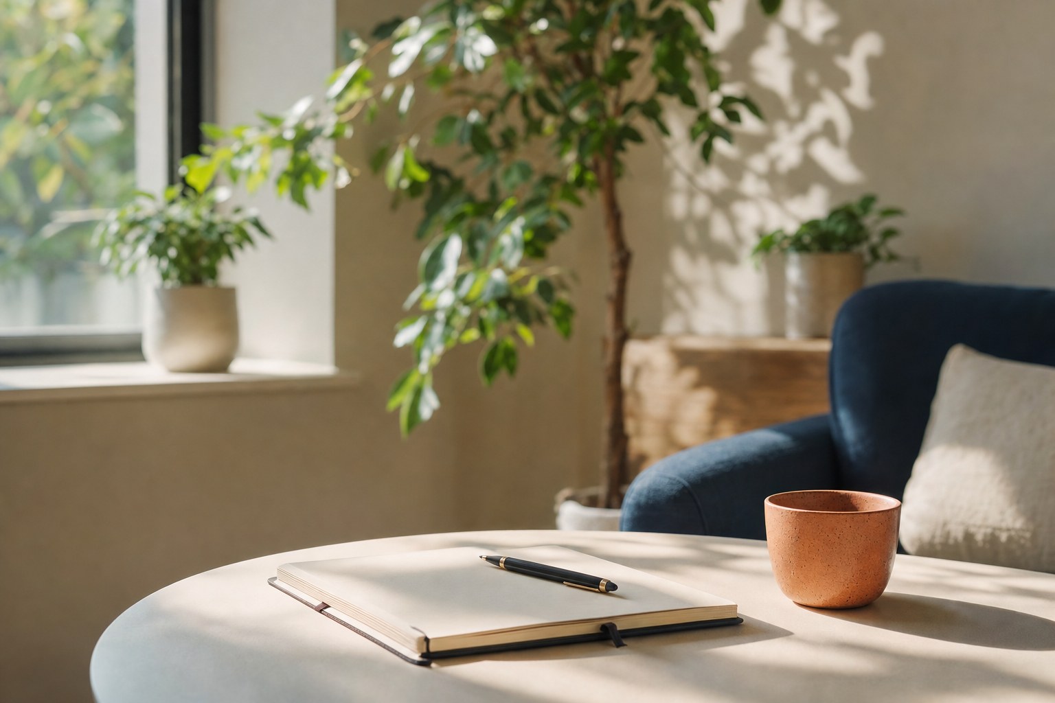 Sunlit notebook and ceramic cup in a calm private care office