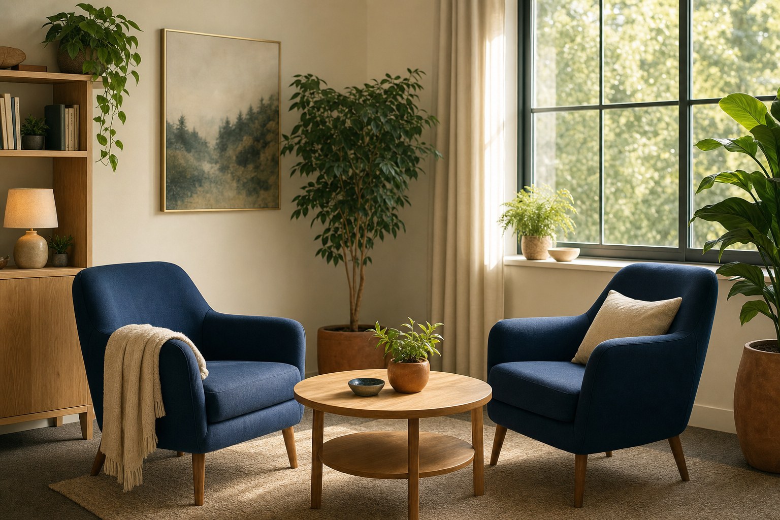 Two comfortable chairs and a small table in a warm, private consultation room