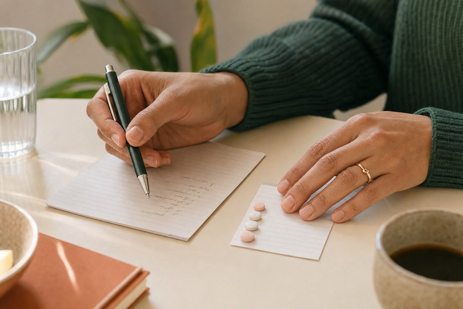 Hands organizing a question list before an appointment