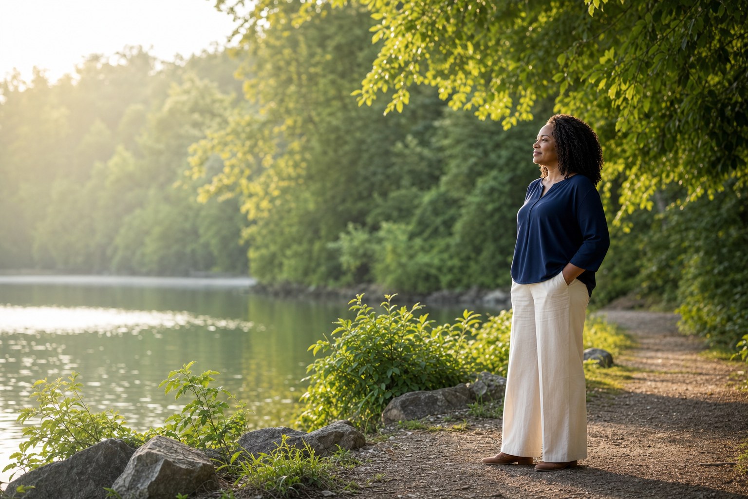 Woman standing beside a calm lake surrounded by green trees