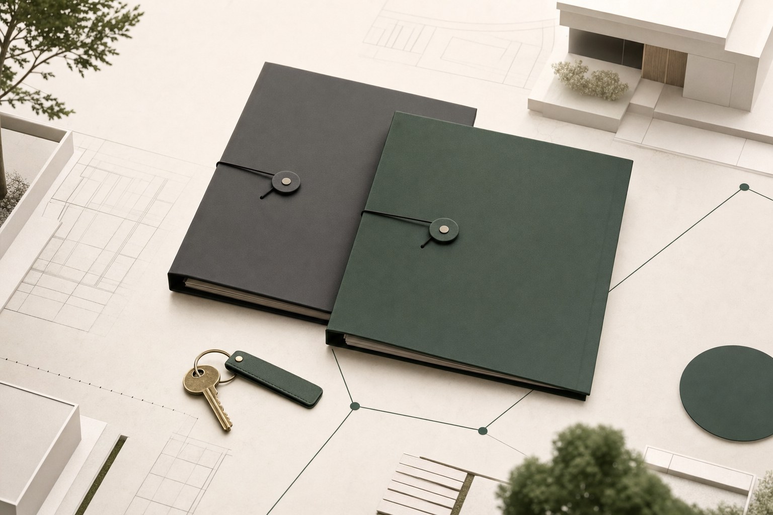 Two real estate deal folders and a house key on an architectural plan