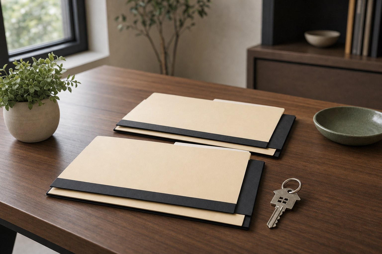 Two separate closing folders and a house key arranged on a title office table