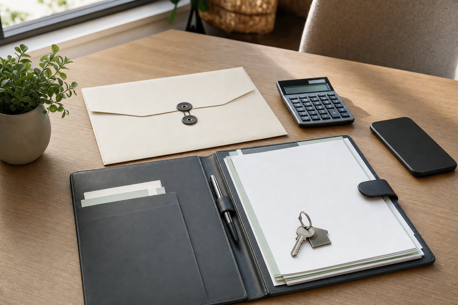 Organized closing file, calculator and property key on a worktable