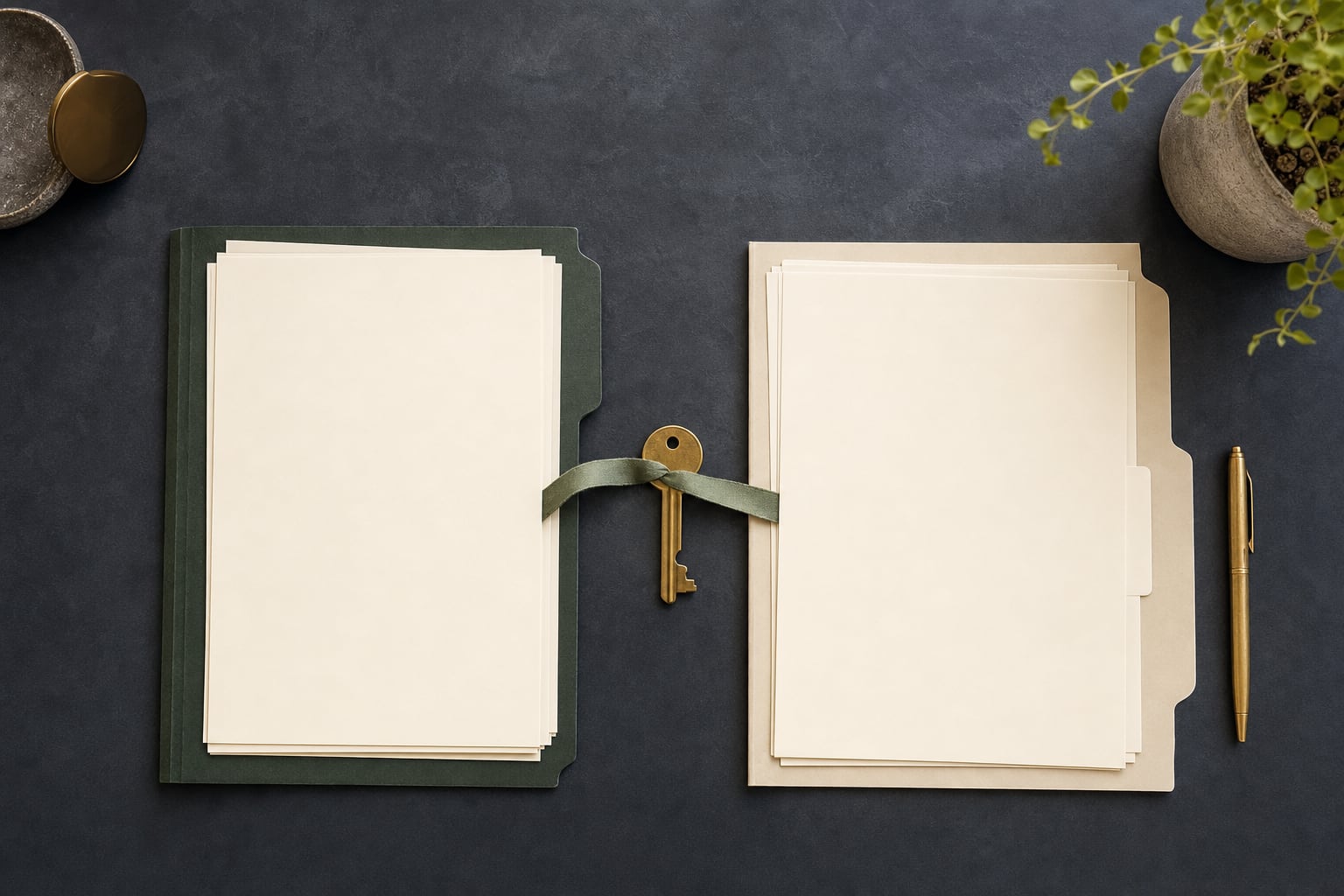 Two organized real estate transaction folders connected by a property key