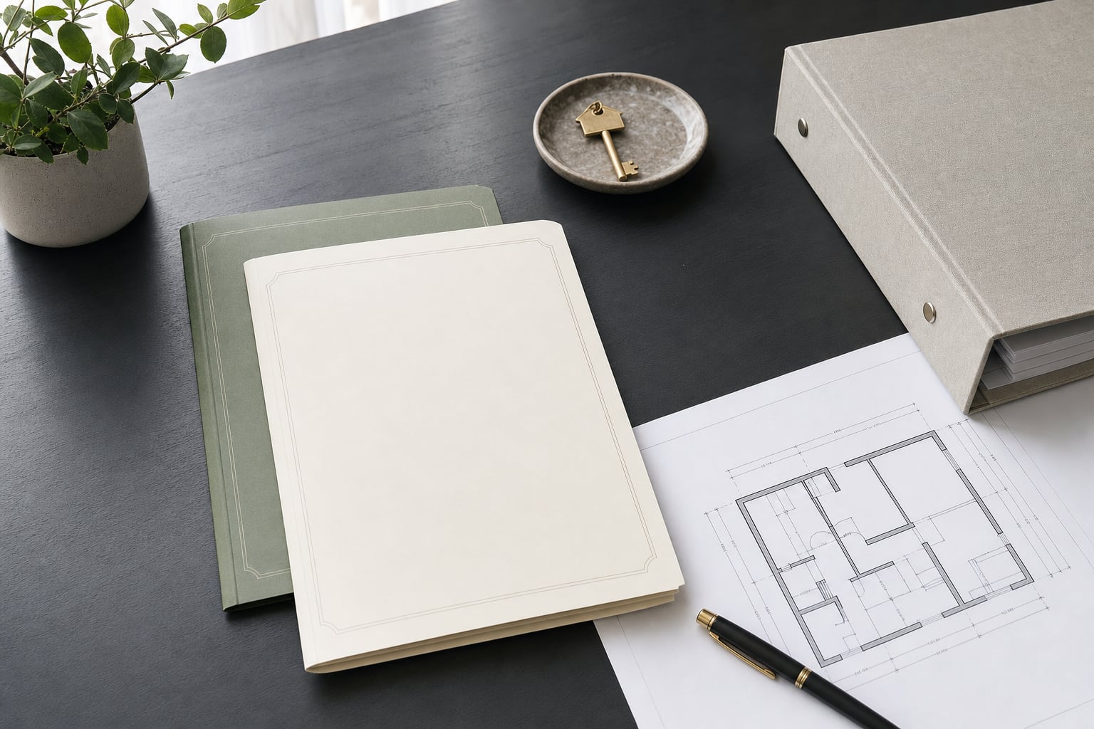Real estate closing folders, property key and floor plan prepared on a title-office desk