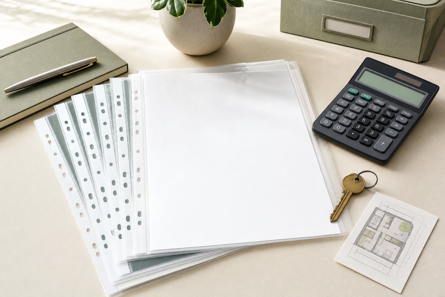 Blank document sleeves, calculator and property key prepared for a real estate funding review