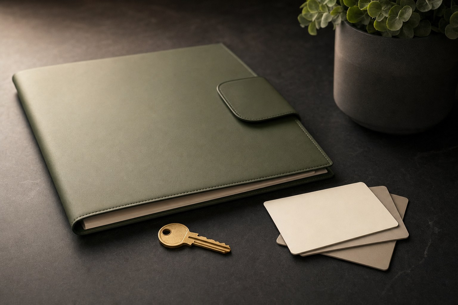 A property folder, house key and neutral payment cards arranged on a dark work surface
